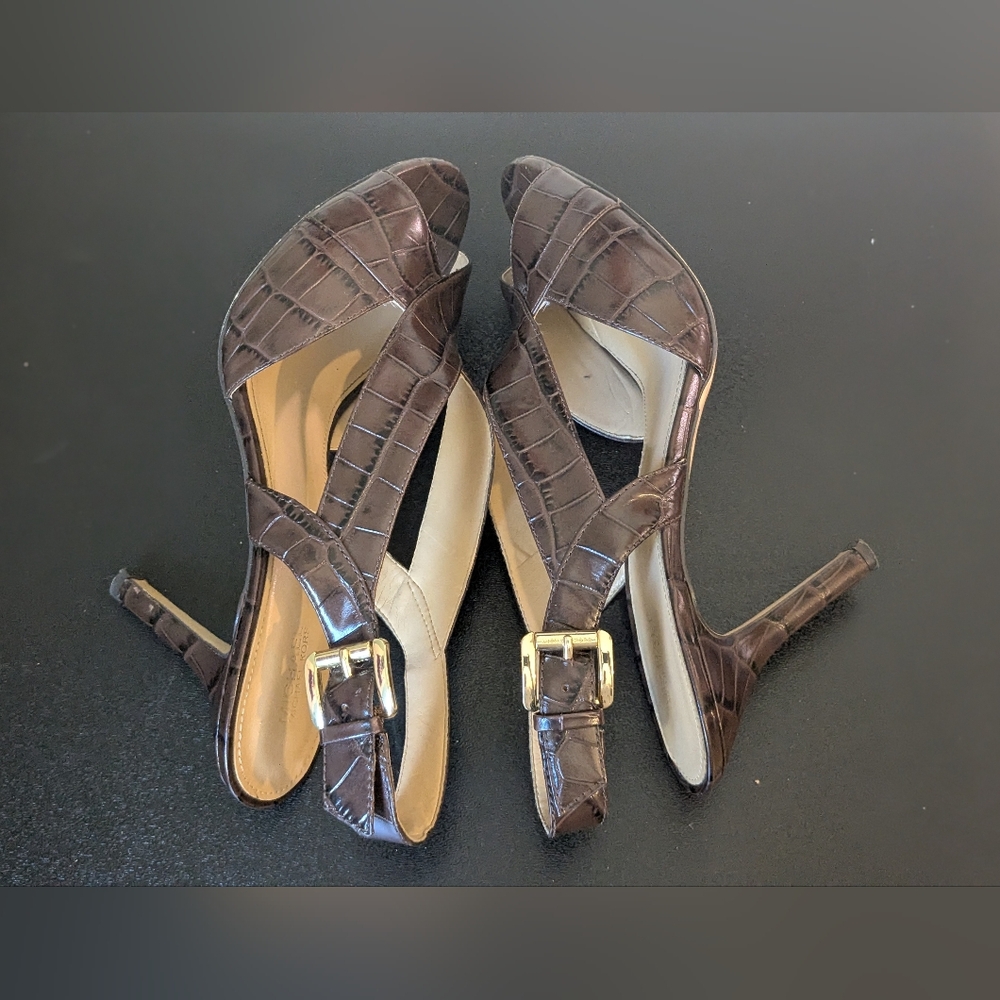 Michael Kors Womens Nutmeg Brown Becky Embossed Leather Sandal Heels - Picture 6 of 16